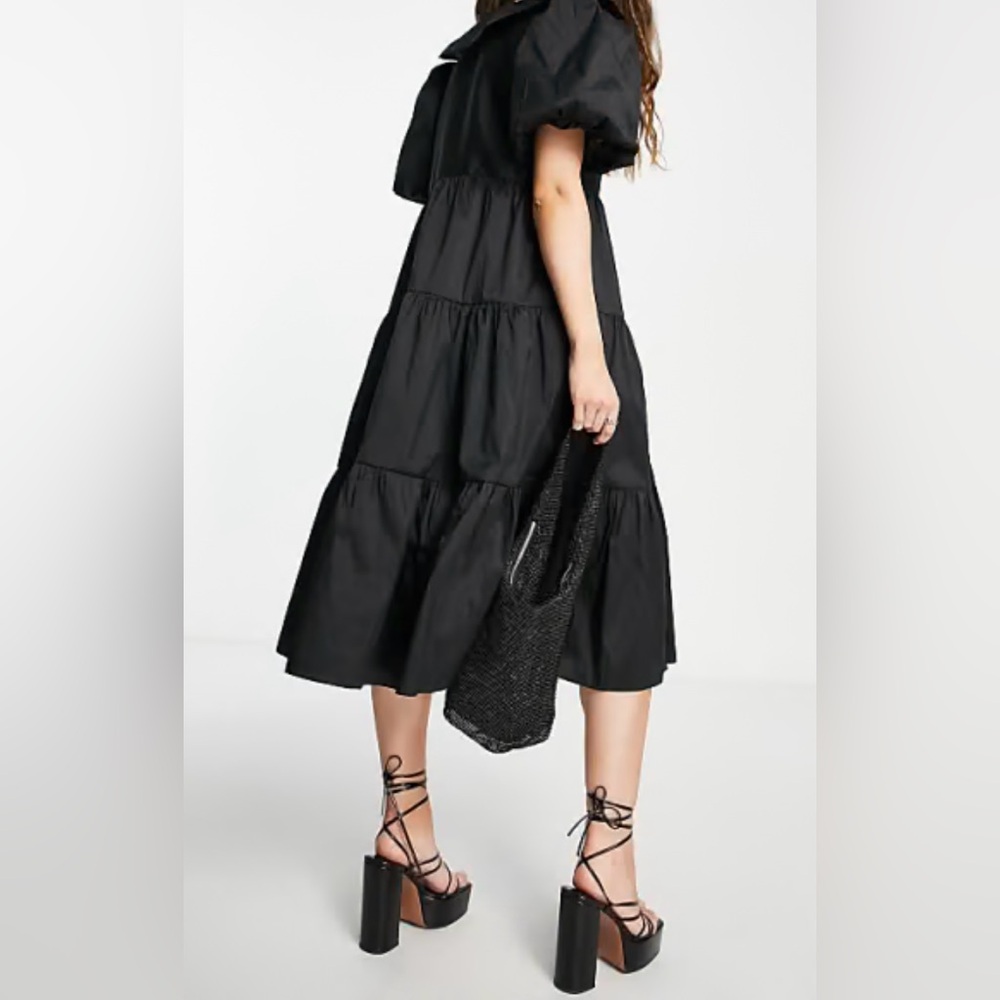 TOPSHOP Tiered Front Taffeta Midi Black Dress Size 14 - Picture 2 of 6